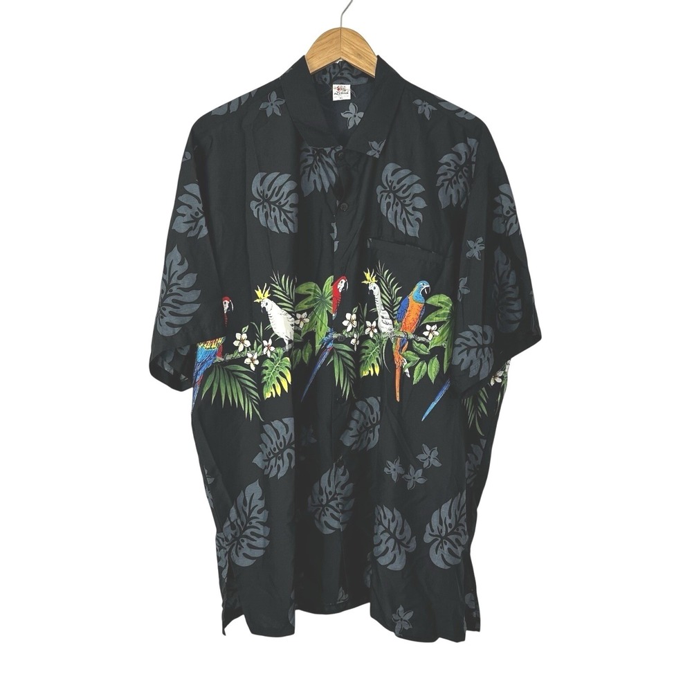 Hawaiian Shirt Mens XL Caribbean Black Parrot Aloha Button Front Tropical Rima‎